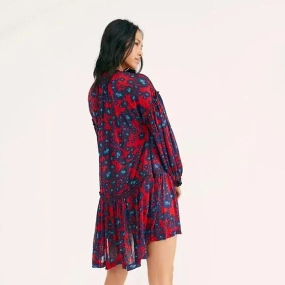Free People Women's Red Floral Love Letter Oversized Tunic Blouse Size Small - Picture 2 of 11